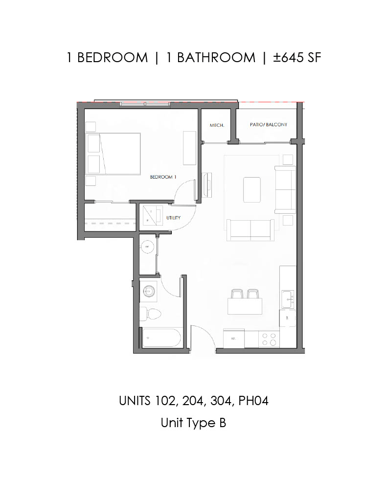 Floor plan for 1 bed, 1 bath, 645 sqft